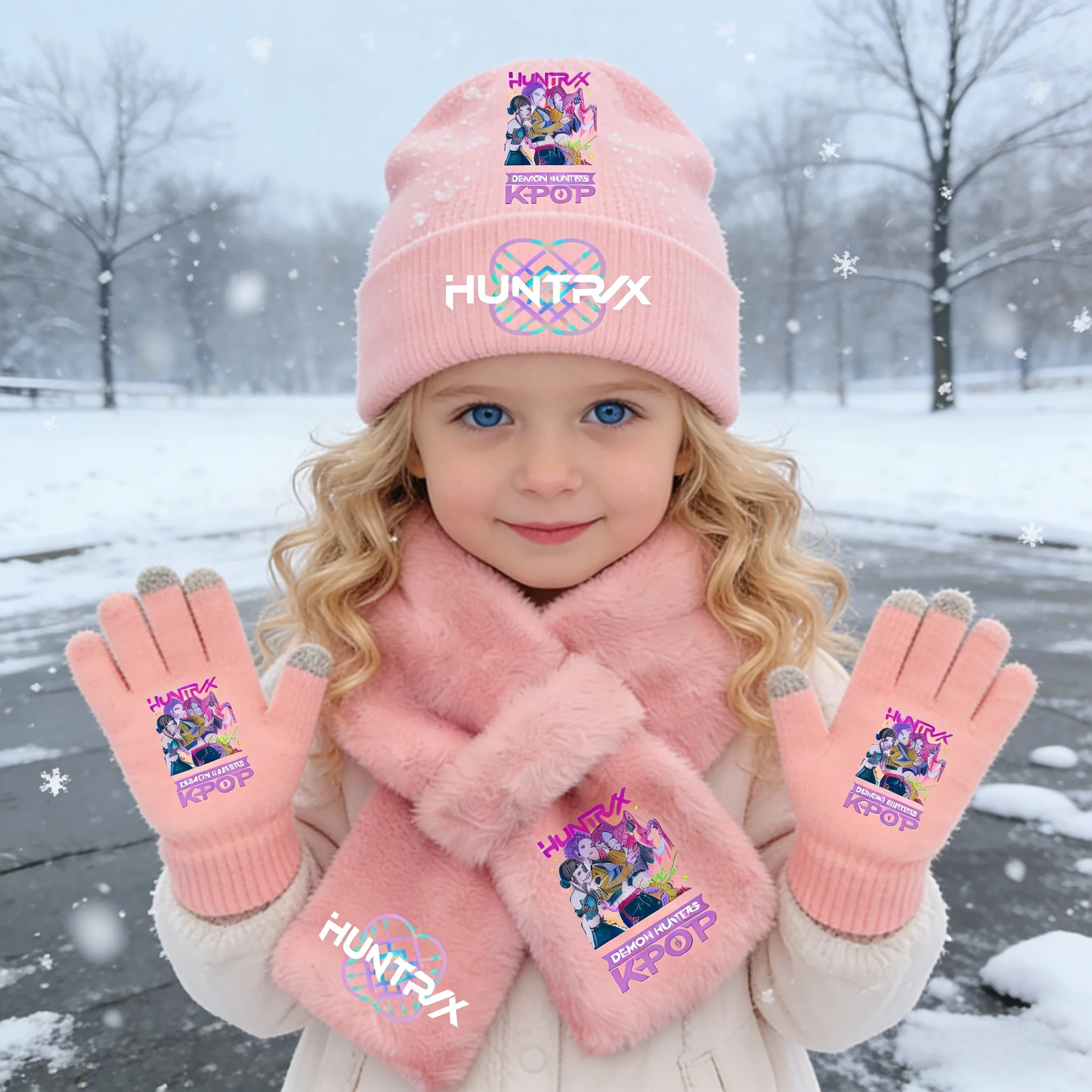 

Kawaii KPop охотники на демоны, 3 шт., зимняя теплая вязаная шапка для девочек, шарф, комплект перчаток, повседневные вязаные аксессуары, подарки на день рождения