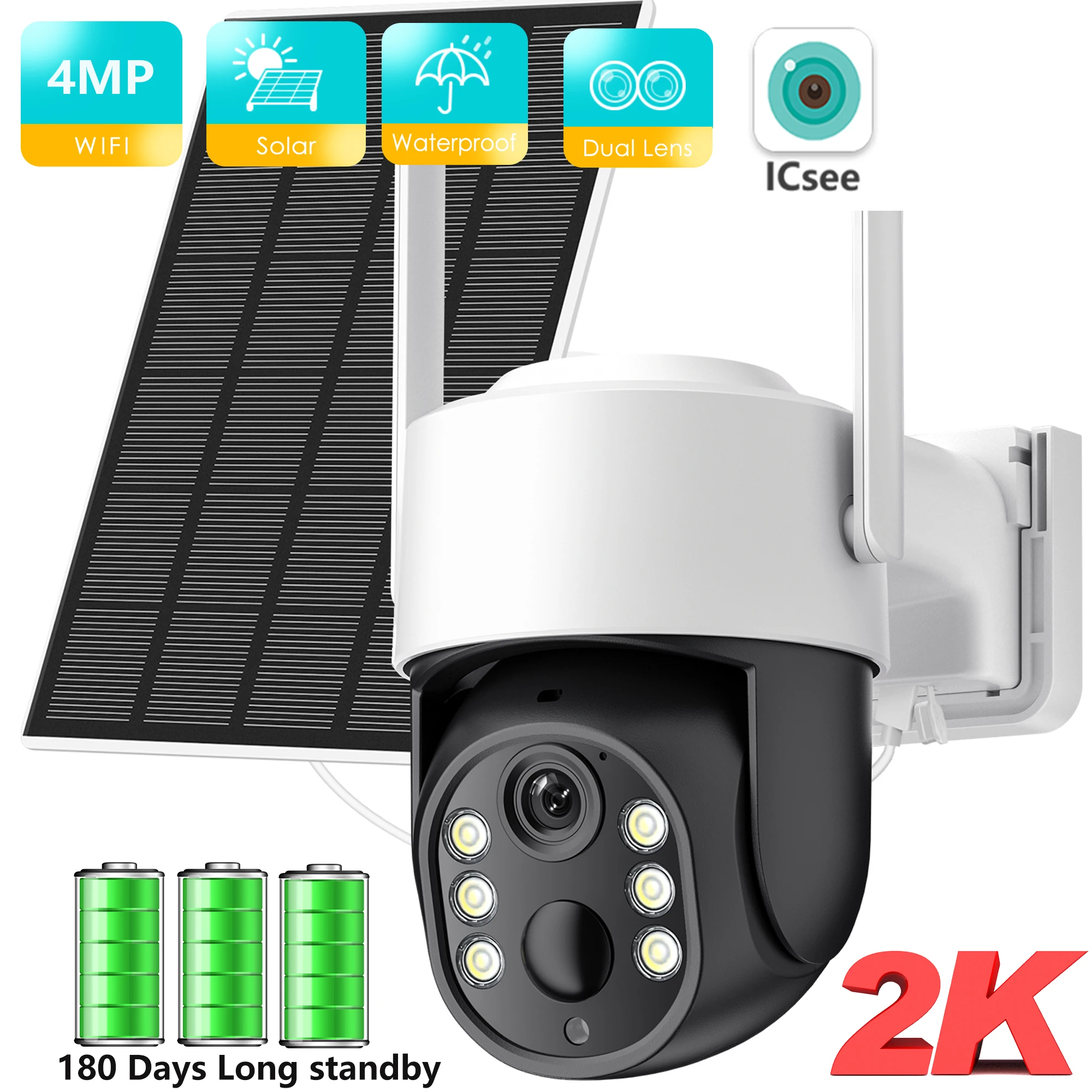 

4MP WIFI Solar Camera PIR Human Detection Outdoor Security With Solar Panel PTZ Surveillance Camera iCsee Rechargeable Battery