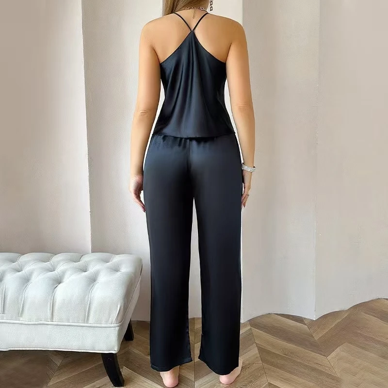

Простой свободный комплект жилета и брюк на бретелях, домашняя одежда, длинные брюки с v-образным вырезом, повседневный костюм для молодых женщин, летний домашний костюм