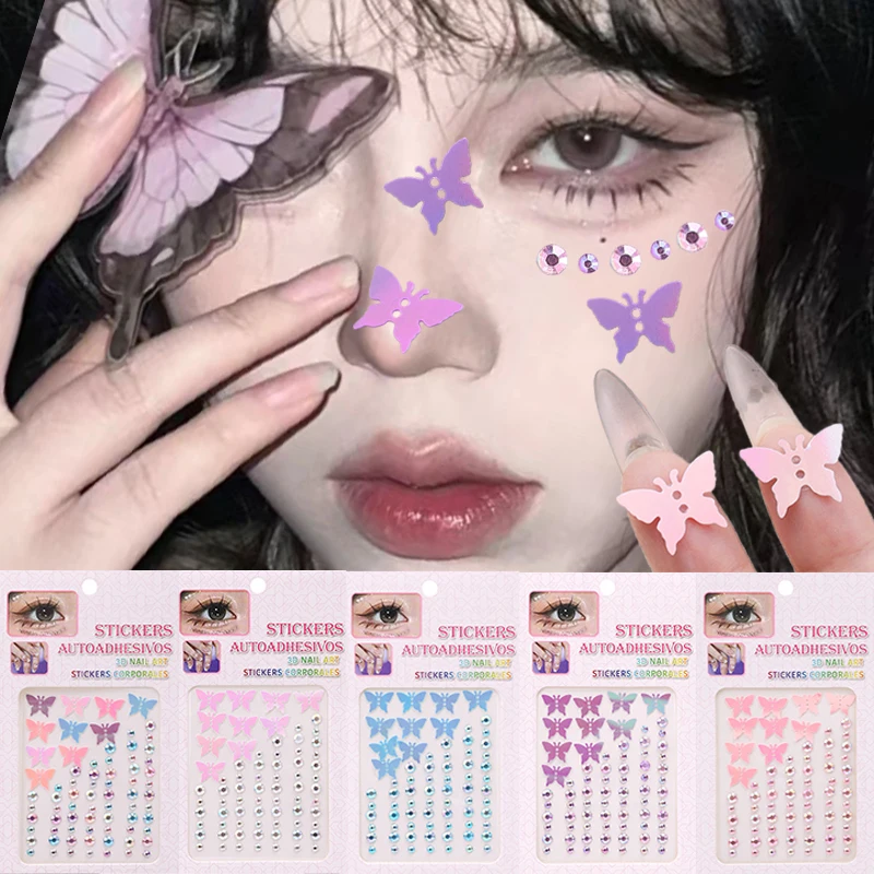 1/5pcs Blue Pink Purple Crystal Tattoo Stickers 3D Glitter Rhinestone Face Eye Makeup Sweet Butterfly Temporary Tattoo Body Arts