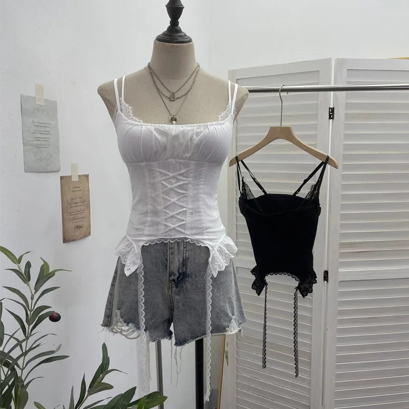 Lace Splice Self Chest Pad Sleeveless Halter Top Irregular Backless Vest Ultra Thin Knitted Women's Summer Fashion Top