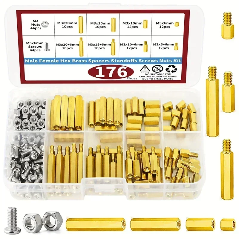 176pcs M3 Hex Screws & Standoffs Kit Brass Motherboard Spacers for Laptop DIY Computer & Circuit Board Repair