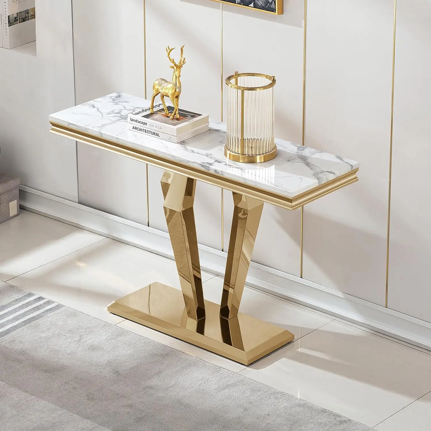 White Faux Marble Console Table with Gold Mirrored Stainless Steel Diamond Base for Entryway Living Room Hallway 47