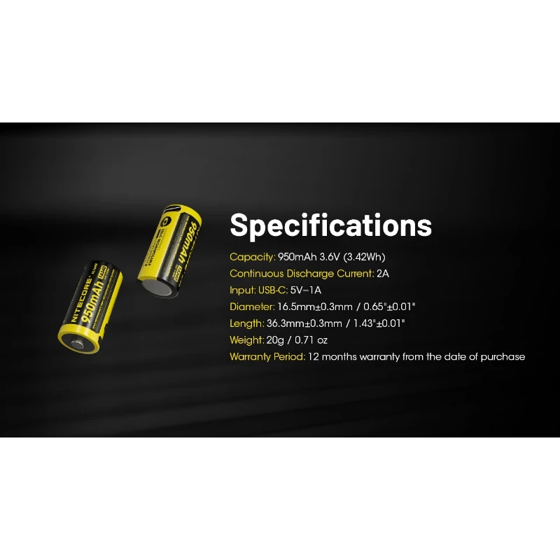 NITECORE NL169R 950mAh 3.6V RCR123A High Performance Battery USB-C 16340 Battery