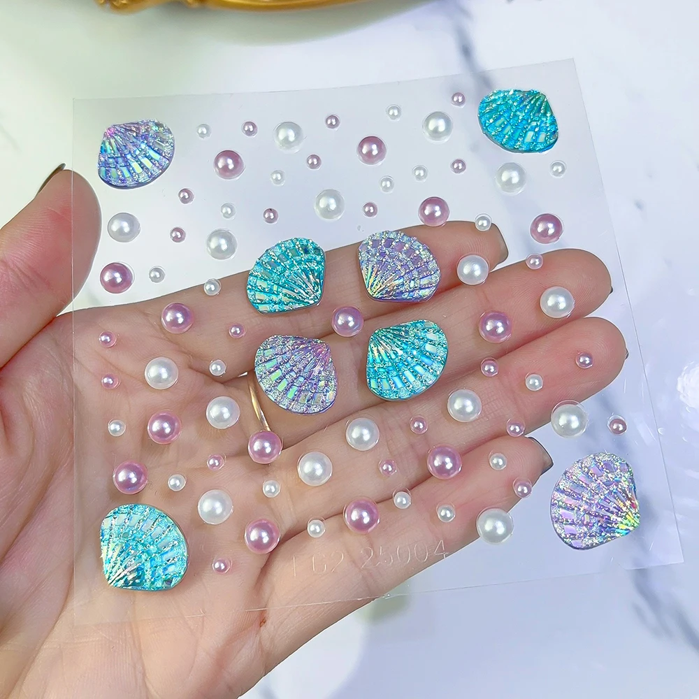 1/2pcs 3D Aurora Seashell Pearls Face Tattoo Stickers Sparkly Mermaid Makeup Facial Half Pearl Stick-on Body Art Decal Face Deco