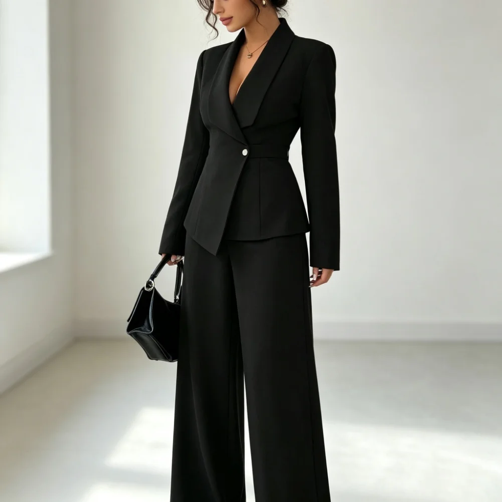 Summer Vacation Womens Two Piece Set Polyester Solid Color For Blazer and Wide Leg Pants for Beach and Cycling