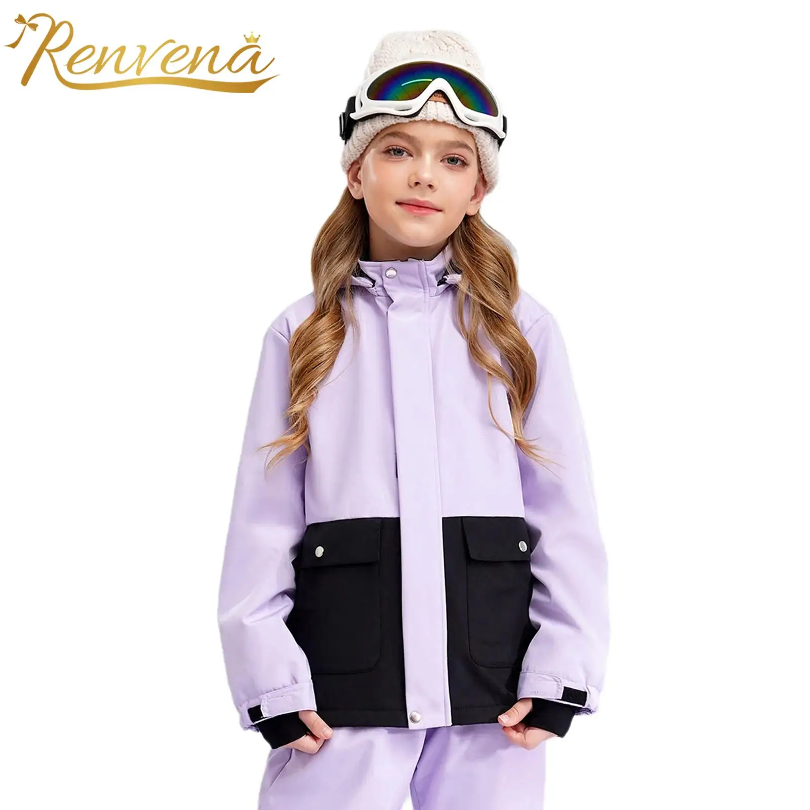 

Kids Girls Skiing Jacket Color Block Long Sleeve Hooded Coat Winter Children Outdoor Snow Ski Outerwear Snowboarding Coats