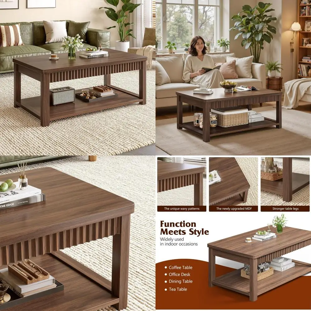 

Modern 39 Inch 2-Tier Storage Coffee Table with Wave-Edge Design for Living Room and Bedroom Use