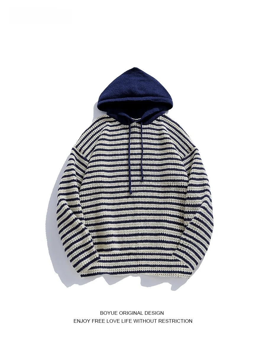 

Мужской полосатый свитшот Boyue: повседневный, свободный крой, длинный рукав, молодежный, осенне-весенний, модный, с полосатым узором, вязаный.