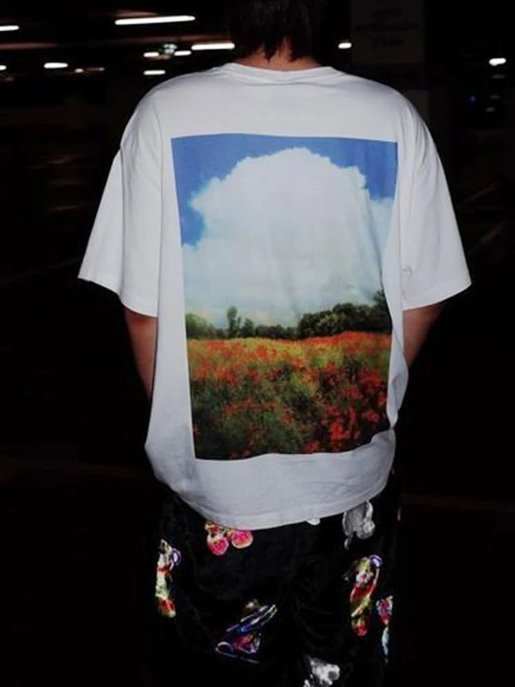 Wang Studio New Summer Landscape Artistic Short Sleeve High-End Direct Spray Rural Style Oil Painting T-Shirt