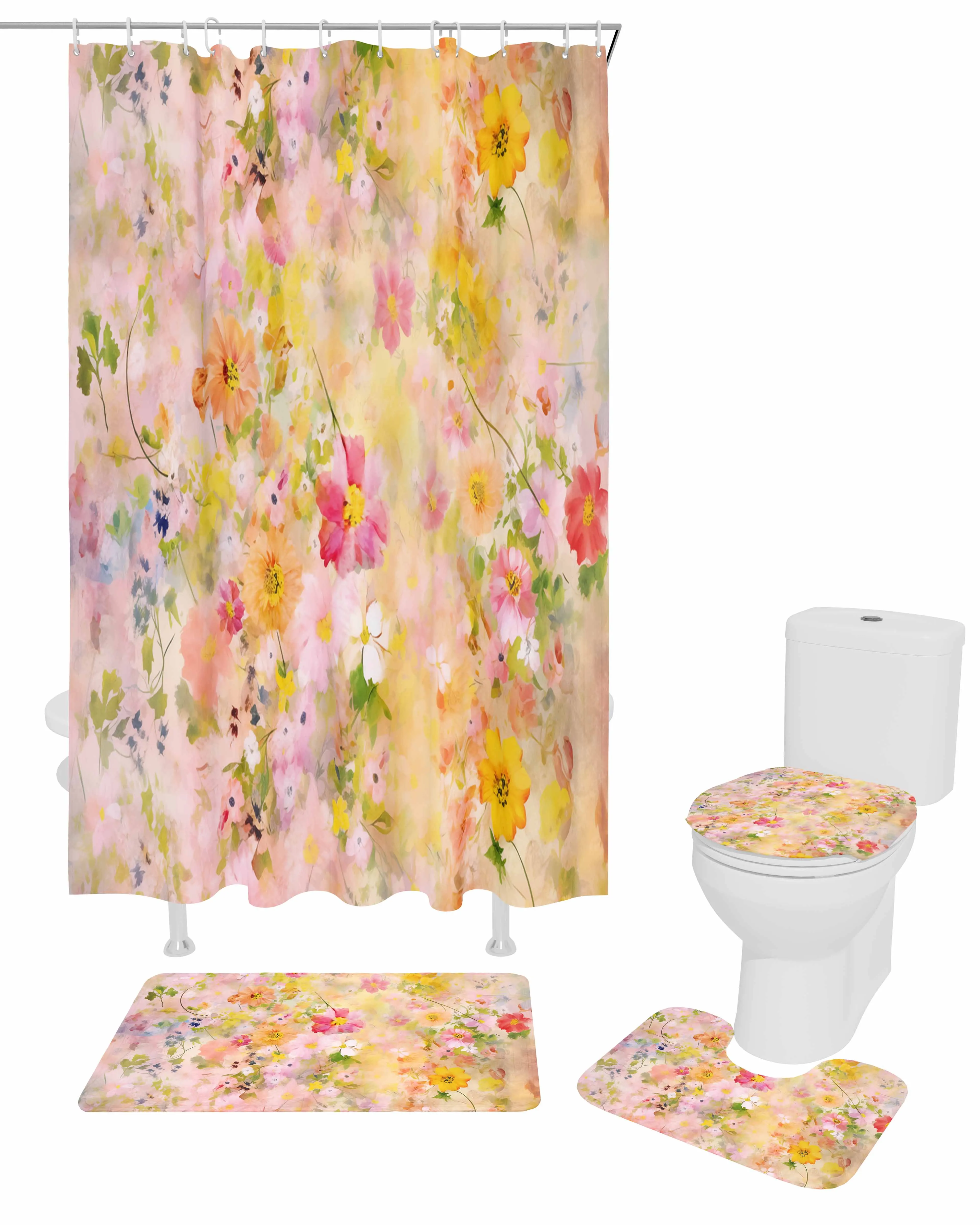 Spring Flowers Oil Painting Abstract Shower Curtain Non-Slip Rugs Toilet Lid Cover and Bath Mat Bathroom Curtains with Hooks