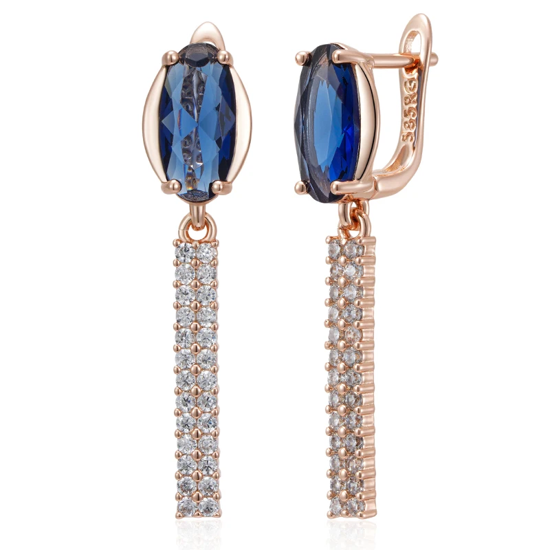 Kinel Luxury Oval Blue Natural Zircon Long Earring For Women Fashion 585 Rose Gold Wedding High Quality Party Fine Jewelry