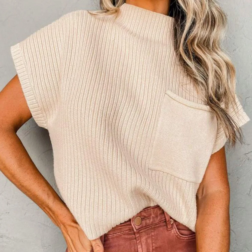 Spring Summer High Neck Knitted Women Short Sleeve Solid Color Knitted Pullover T-Shirt Casual Style Tee With Pocket Tops
