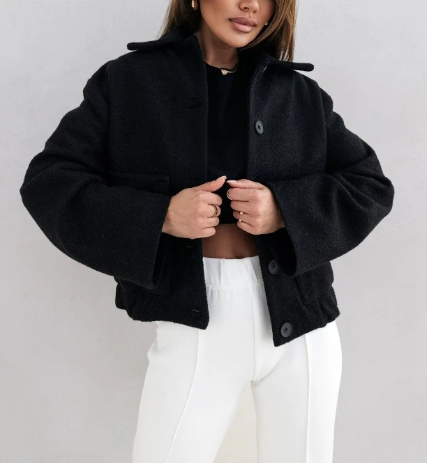 Women's Winter Jacket Simple Versatile Fashion Solid Color Single Breasted Woolen Coat for Women Casual Long Sleeved Wool Jacket