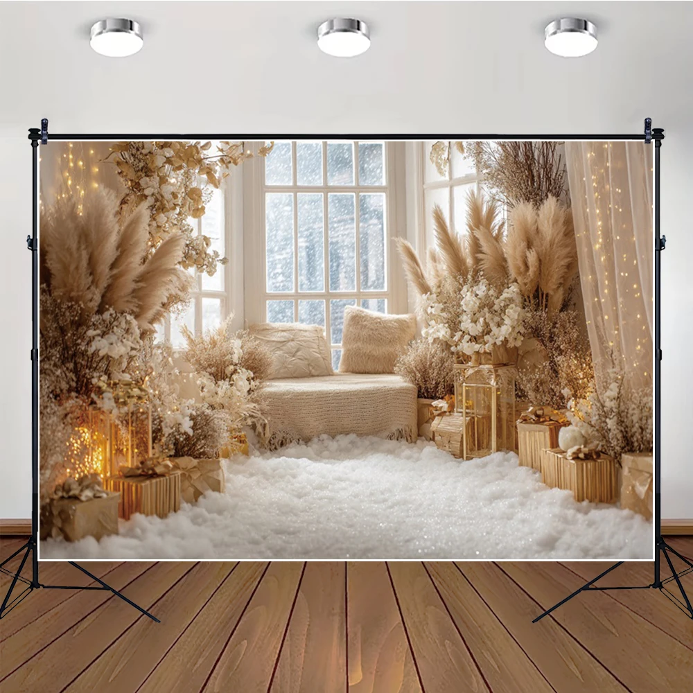 

MOON.QG Backdrop Pampasgrass Boho Christmas Curtain Glitter Photo Background Photobooth Portrait Studio Kids Photography Booth