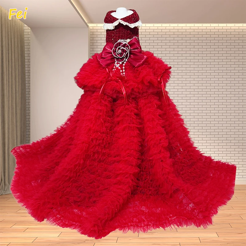 

Fine Handmade Pet Dog Clothes Fashion Luxury Lace Flower Long Tail Cake Dresses For Small Medium Dog Wine Red Purple Puppy Dress