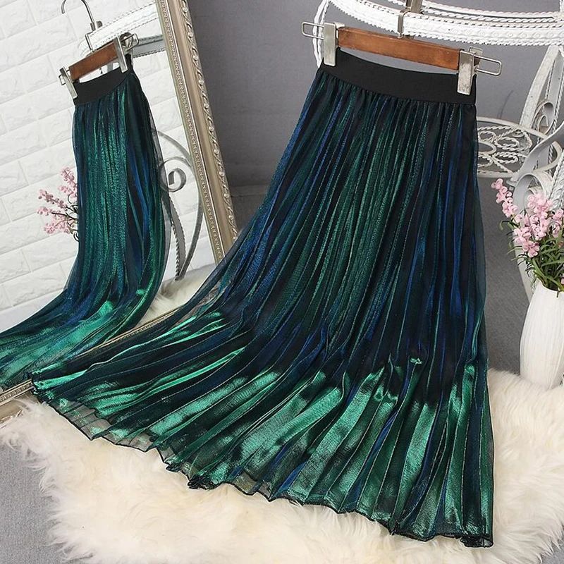 

Spring Summer Vintage Gradient Tulle Skirts Womens High Waist A-Line Mesh Pleated Skirt Elegant Mid-Long Party Skirt