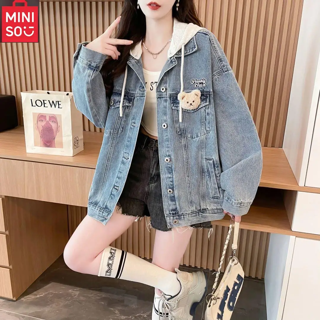 

MINISO new denim jacket women's fake two-piece hooded teddy bear student loose casual top blue spandex