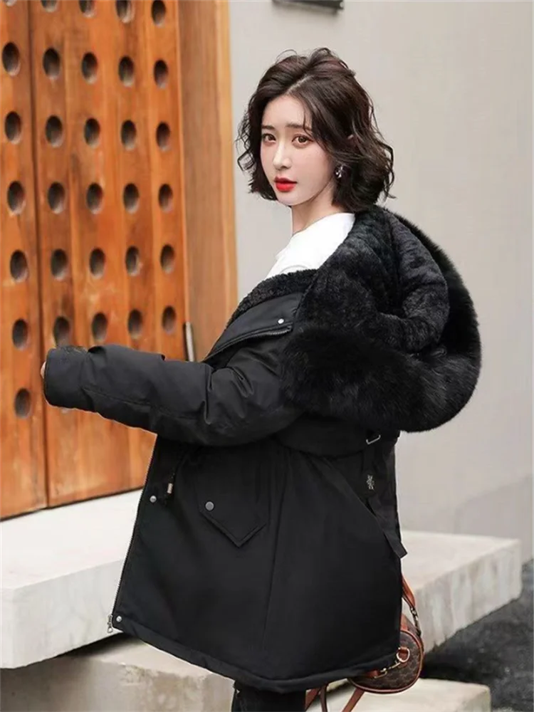 

New Female Parka 2025 Winter New Korean Plush Thicken Women's Cotton Jacket Ladies Warm Hooded Coat Mid length Casual Overcoat