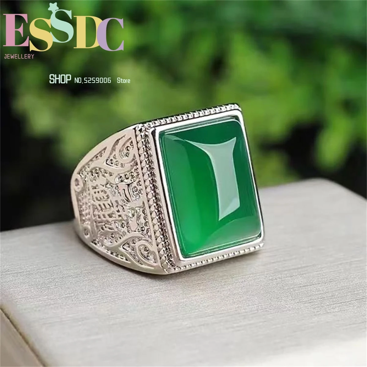 Male Tide Square Ring Face High Ice Through The Emperor's Green Chalcedony Agate Opening Inlaid With Silver National Style Jade