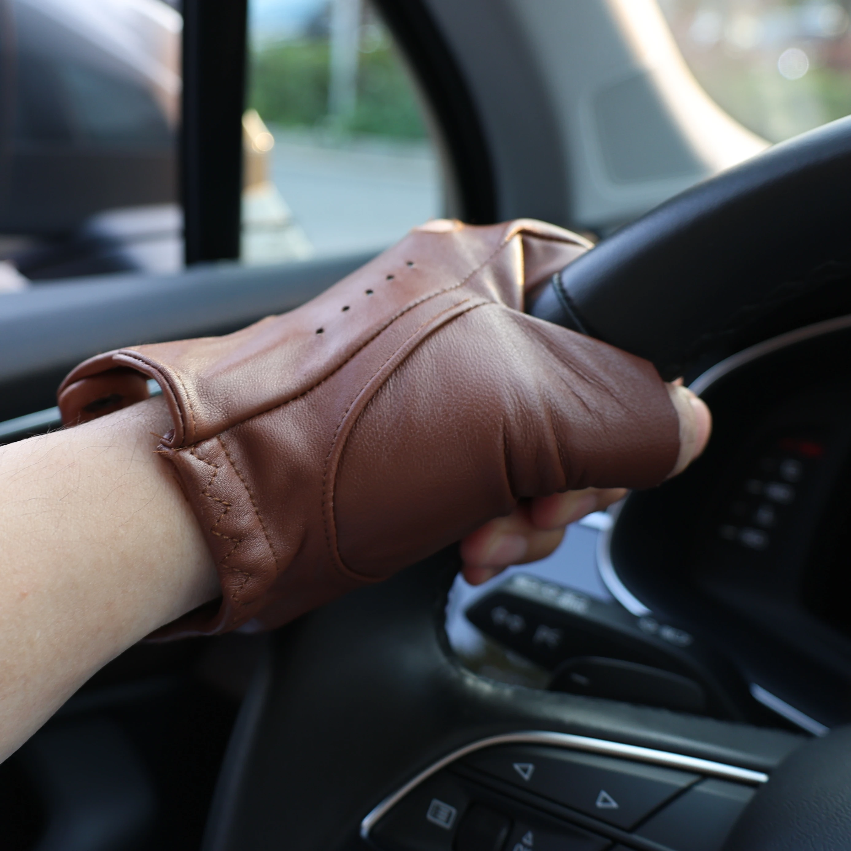 Herren Fingerlose Halbfinger-Lederhandschuhe Leder-Schafsfell Outdoor-Handschuhe für Männer – Detail 2