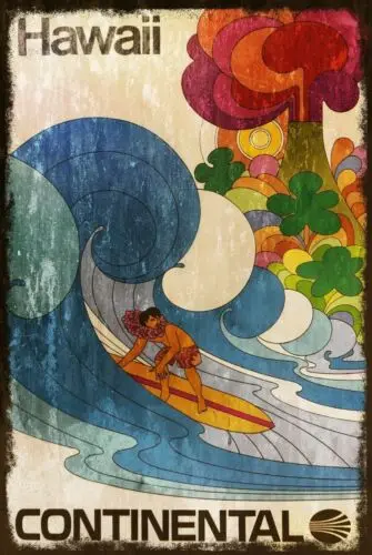 Hawaii Surfing, Airline Travel Advert Vintage Retro Style Metal Sign sign