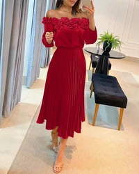 2024 Women Off Shoulder Frill Hem Pleated Midi Party Dress