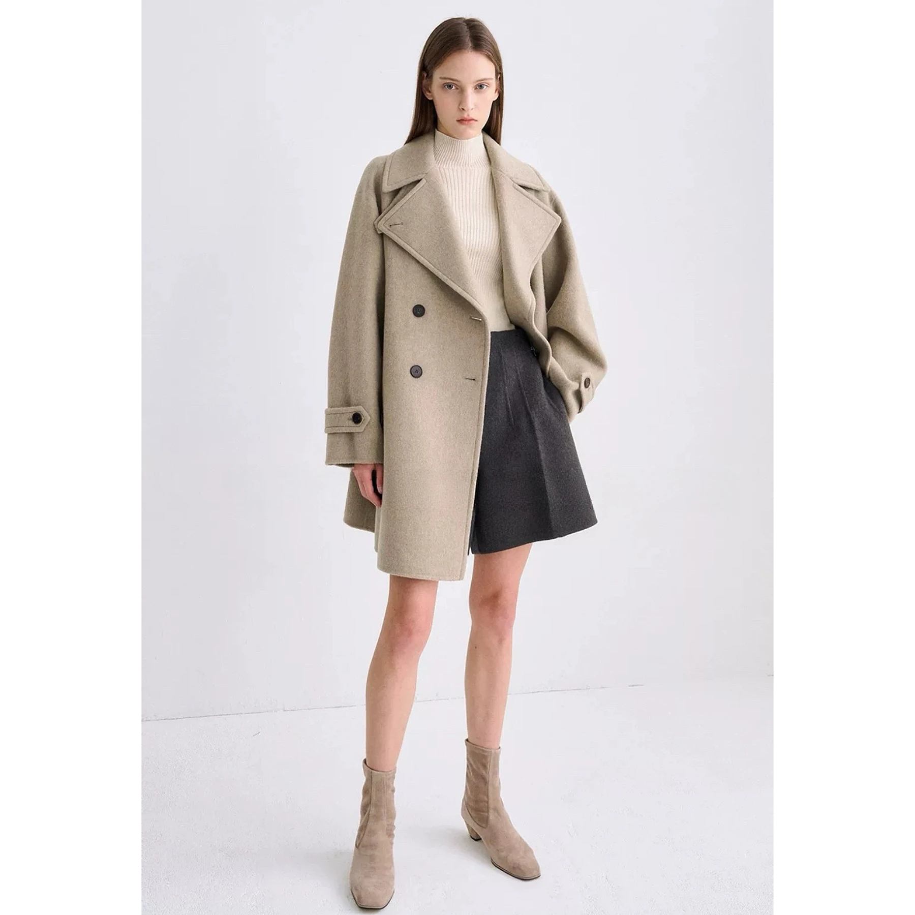 

TIM25 Winter Lemon Cheese Camere Coat Stand Collar Loose Silhouette Double Row Buttons Warm Long Sve Mid-Length Coat