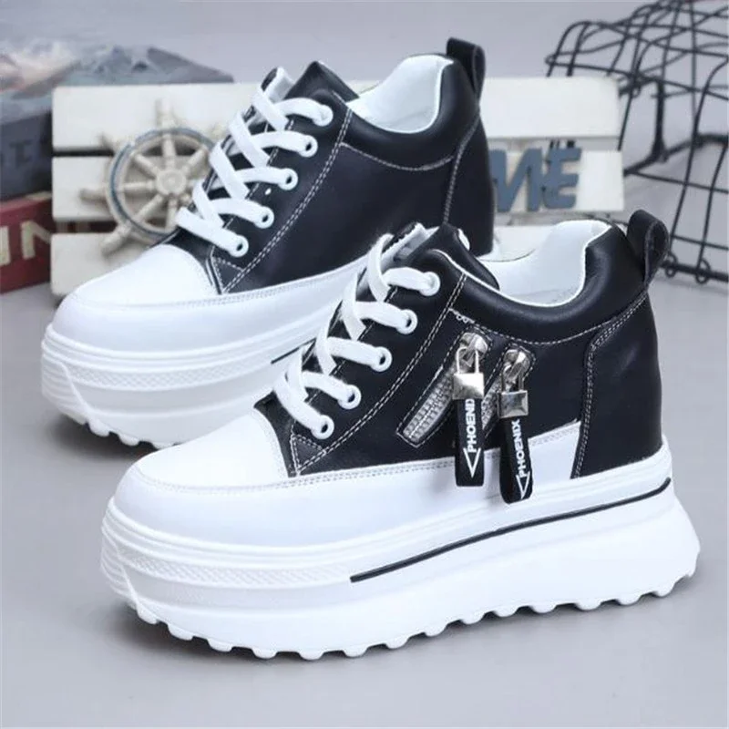 

Women Sneakers High Platform Shoes 10cm Wedge Heels Outdoor Ankle Boots Spring Leather Chunky Shoes Lace-up Casual shoes Woman