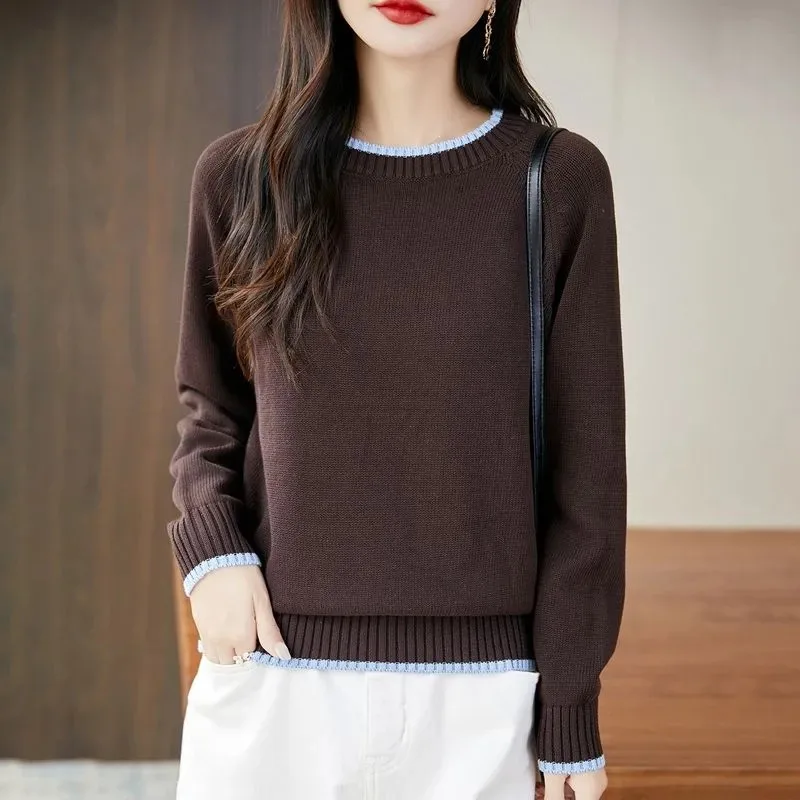 Осень-зима, женский утепленный свитер из чистого хлопка с длинными рукавами и круглым вырезом, пуловер, свободный простой хлопковый топ