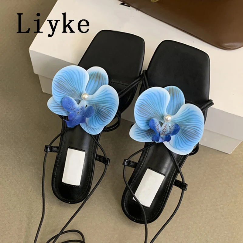 Liyke Vintage Square Toe Flowers Pinch Narrow Band Flat Sandals Female Fashion Cross Ankle Strap Designer Shoes Women Size 35-39