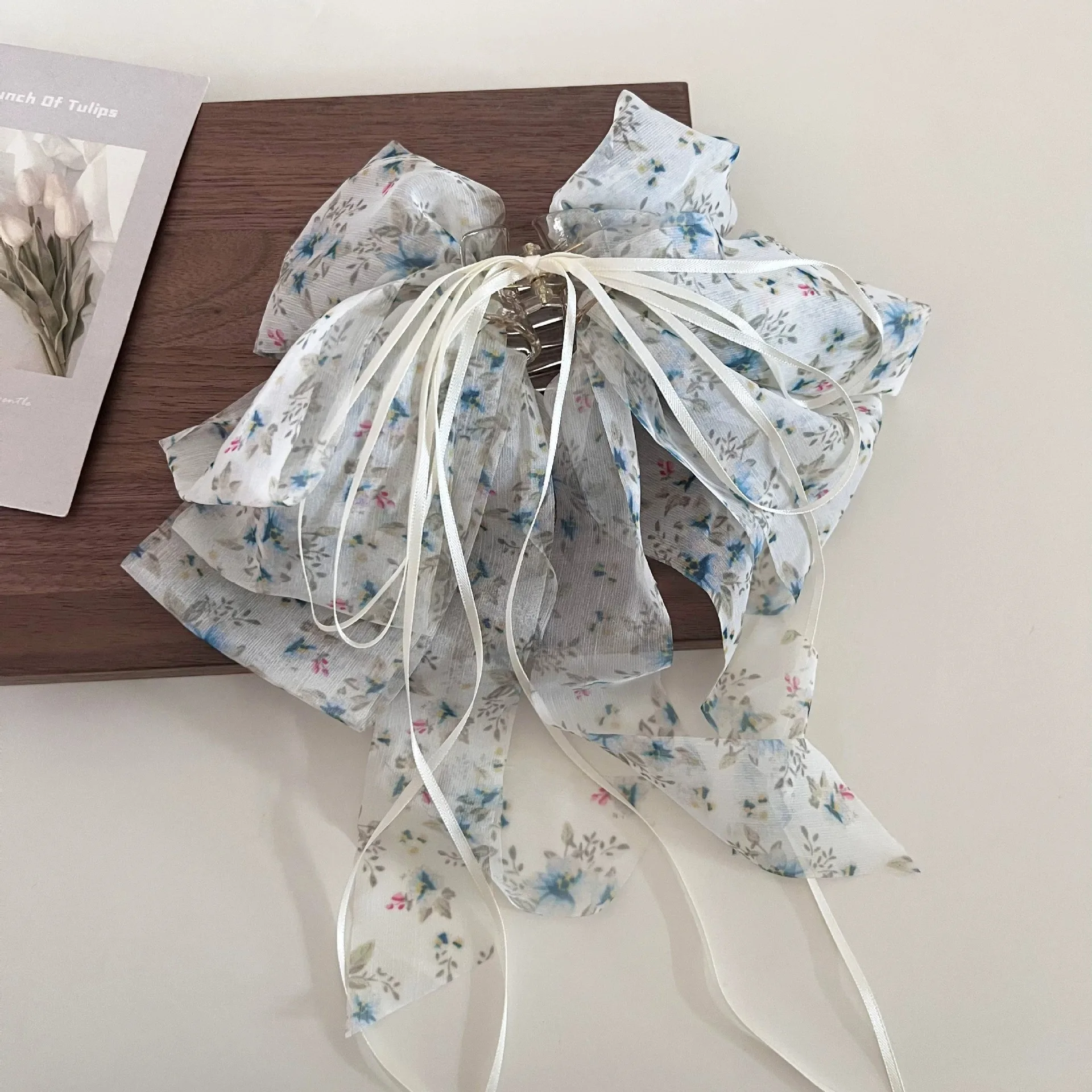 1 Stück französische Chiffon-Haarspange mit Blumenmuster, sanft und elegant, halbgebundene Haarspange, Haarspange für den oberen Teil, Haarspange für Pferdeschwanz, Haar-Accessoire – Detail 6