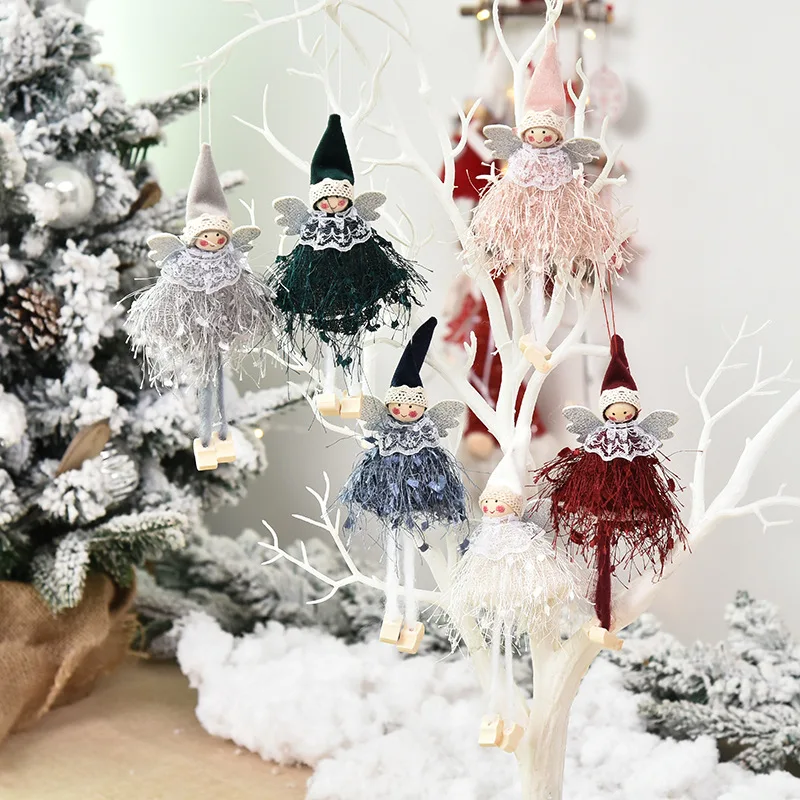 

Creative Cute Christmas Decorations Smiling Angel Wood Fiber Lace Doll Pendant Tree Top Window Hangings Supplies Holiday Gift