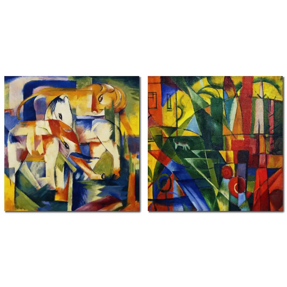 

Handmade Franz Marc Abstract Landscape House Two Cows Expressionism Painting in Oils Canvas Picture for Library Decor