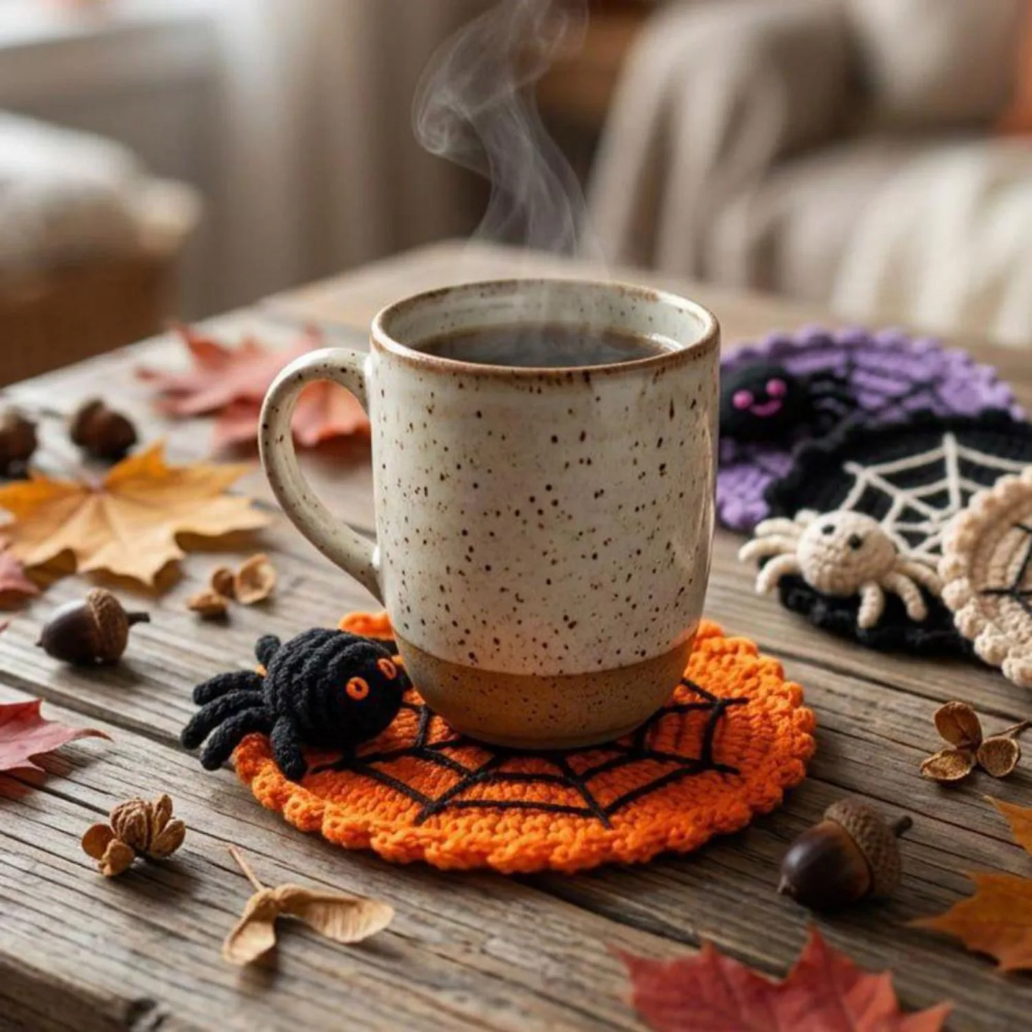 Handmade Crochet Halloween Spider Web Coaster Heat Resistant Drink Mat Spooky Gothic Table Mat for Coffee Tea Cups Table Decor