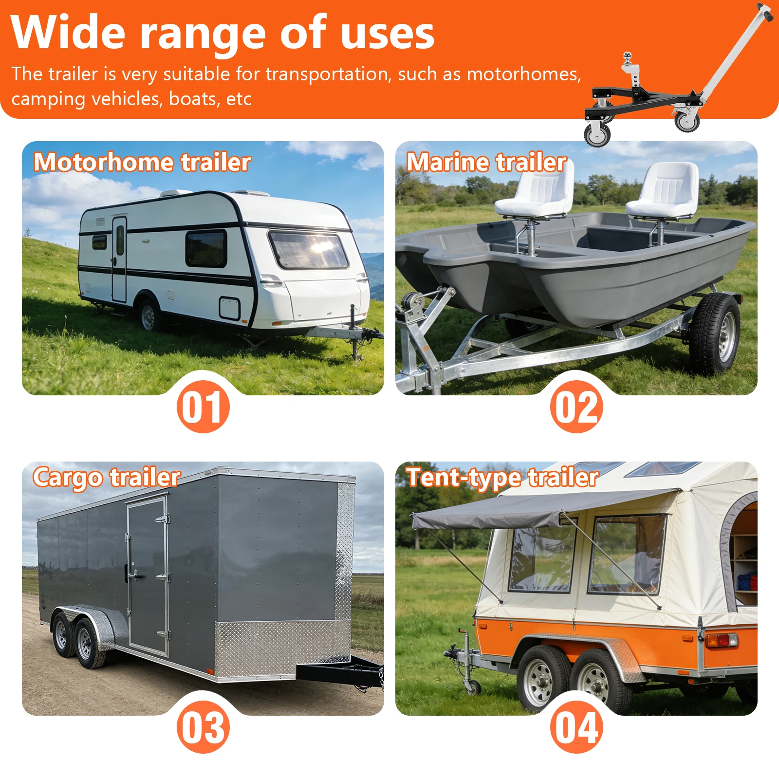 

Тележка для прицепа (трейлера) с грузоподъемностью 3500 фунтов, регулируемым углом наклона и шаровыми опорами 2 дюйма и 2-5/16 дюйма, подходит для автодомов, лодок, кемперов