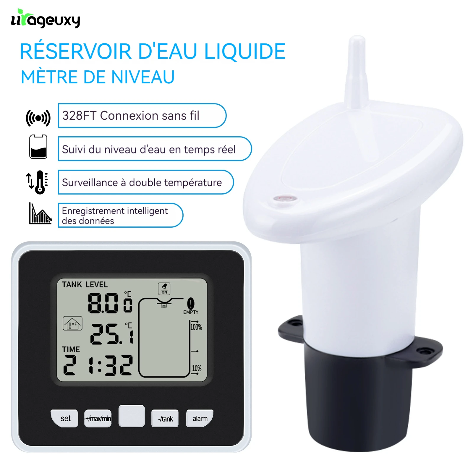 Compteur de niveau de liquide de réservoir d'eau sans fil ultrasonique avec capteur de température affichage LCD en temps réel alarme haute/basse enregistrement Min/Max pour la maison