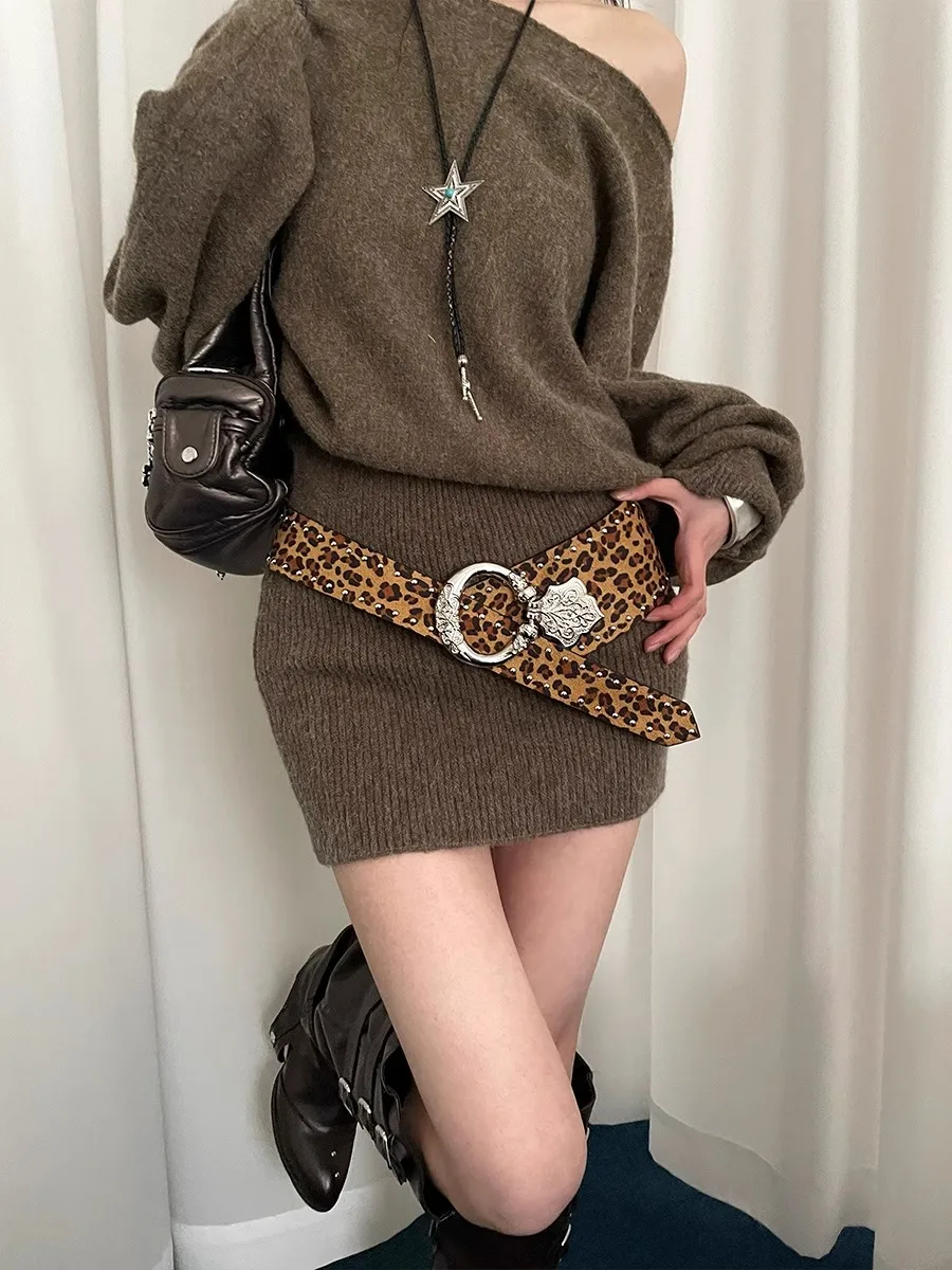 Leopard Print Wide Belt For Women Personalized Retro Style Waist Belt For A Sexy Look American Y2K Leather Belt To Cinch The