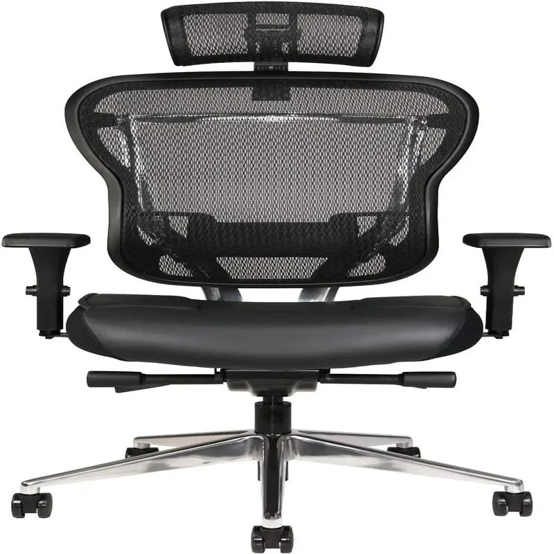 

High-Back Ergonomic Office Chair with Genuine Leather Seat, Mesh Back, Adjustable Lumbar Support, Swivel Tilt, Headrest - Ideal