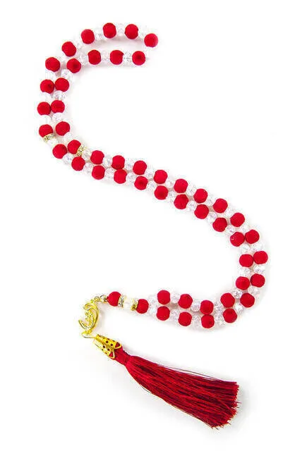 IQRAH Custom Velvet Patterned Tasseled 99 Lu Crystal Pilgrimage Umrah Gift Rosary-Red