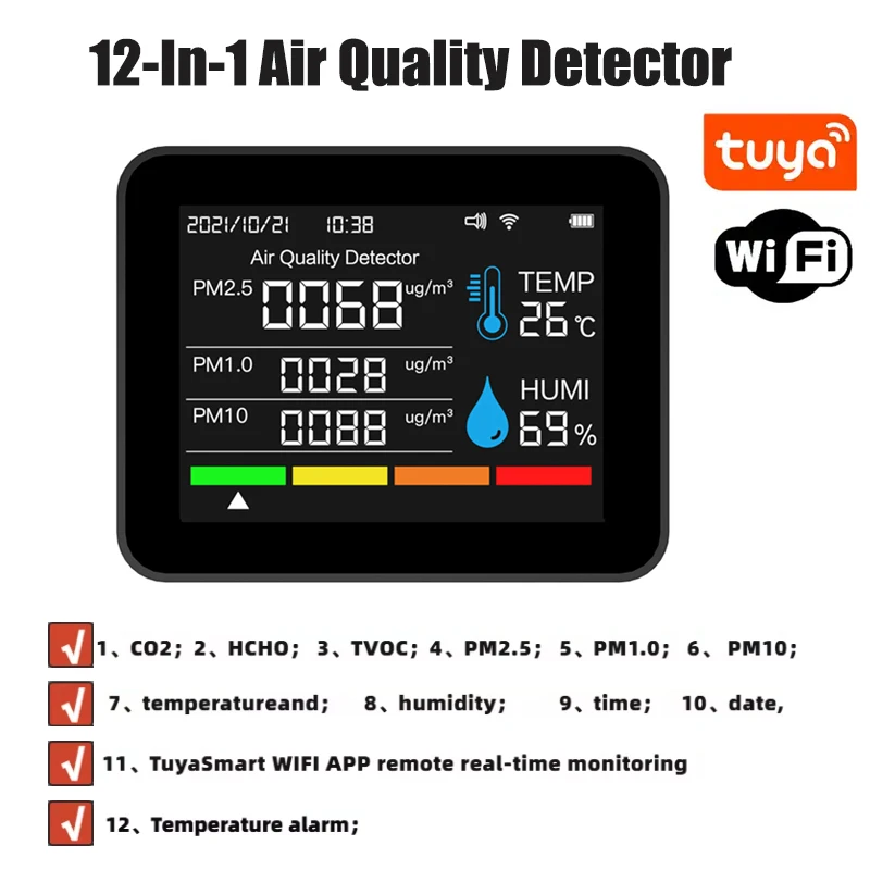 12-In-1 WiFi Air Quality Monitor Air Dust Pollutants PM2.5 PM1.0 PM10 and Thermometer with Temperature and Humidity Co2 Monitor