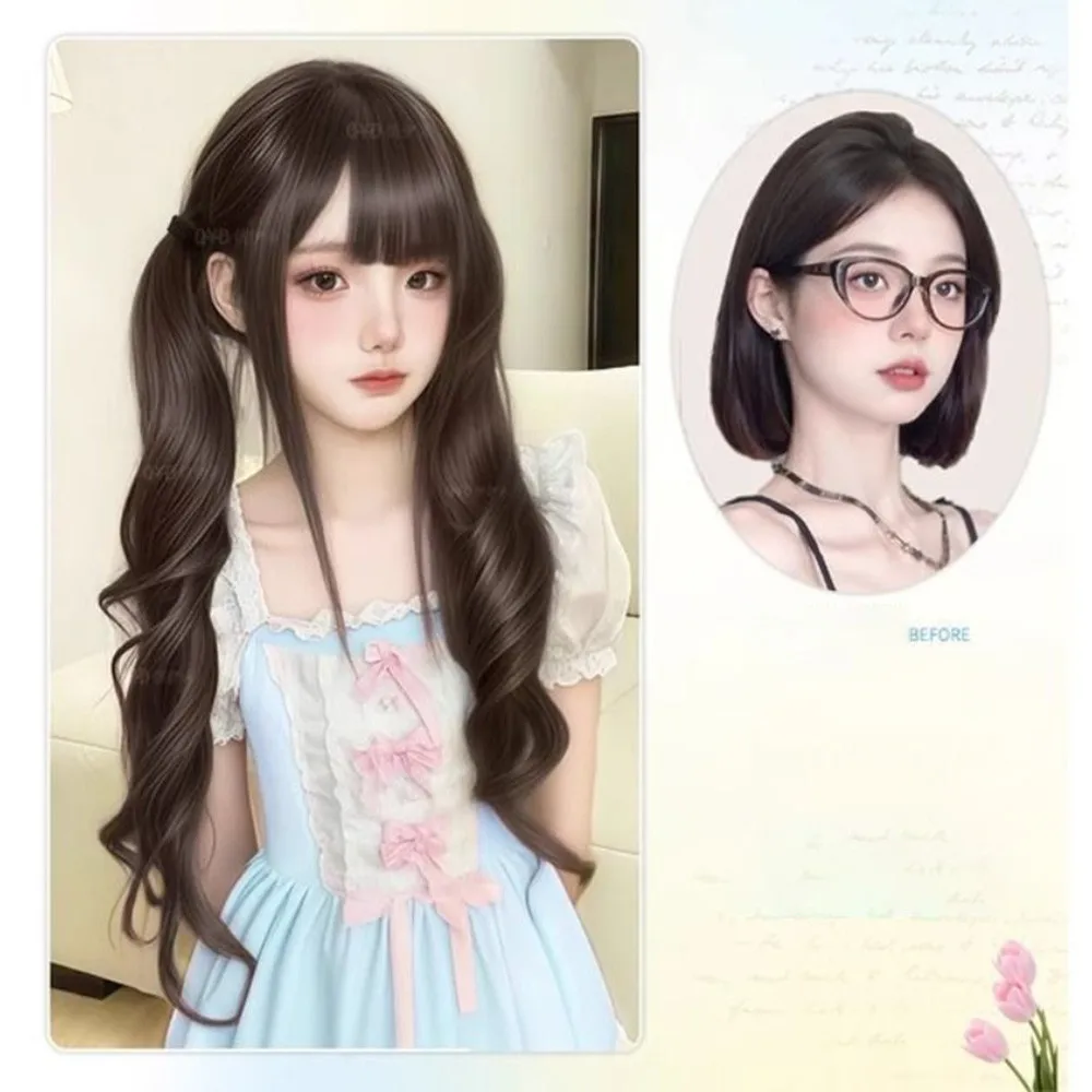 Parrucca sintetica con doppia coda di cavallo alla moda, ricciolo romano, carino Lolita, giapponese, dolce elastico, stile lungo, corto, capelli ricci
