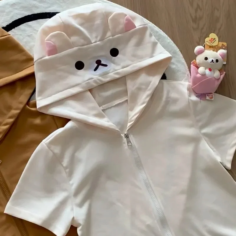 Y2K Rilakkuma Tops&Tees Hoodie Summer Cotton Short Sleeve Japanese Lolita Cartoon Kawaii Girls Zipper Loose Round Neck Top New
