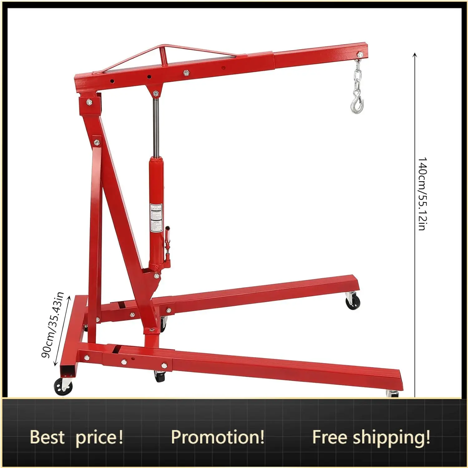 

2 Ton Folding Engine Hoist Cherry Picker Shop Crane Hoist Lift, Heavy Duty Carbon Steel with 6 Iron Caster Wheels (Red)