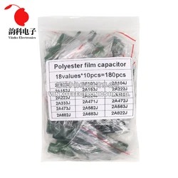 180pcs=18value*10pcs Polyester film capacitor Assorted Kit contains 2A104J 2A332J 2A472J 2A103J 2A333J 2A473J 2A563J 2A223J