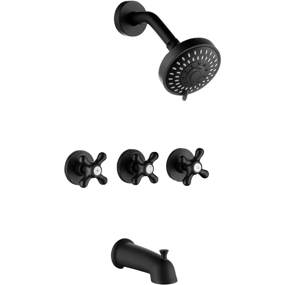 

Matte Black 3-Handle Shower Faucet Set with Tub Spout: Complete Bath Shower Trim Kit