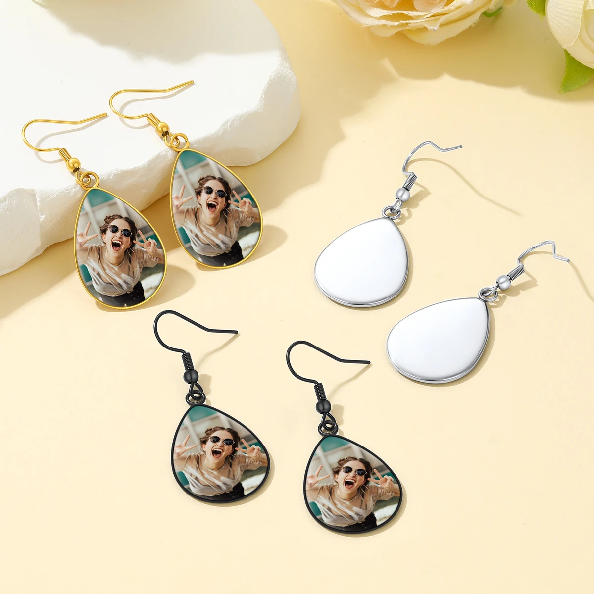 Boucles d'oreilles géométriques en acier inoxydable U7 pour femmes, bijoux en forme de larme, cœur rond, photo personnalisée, image personnalisée, cadeau pour elle