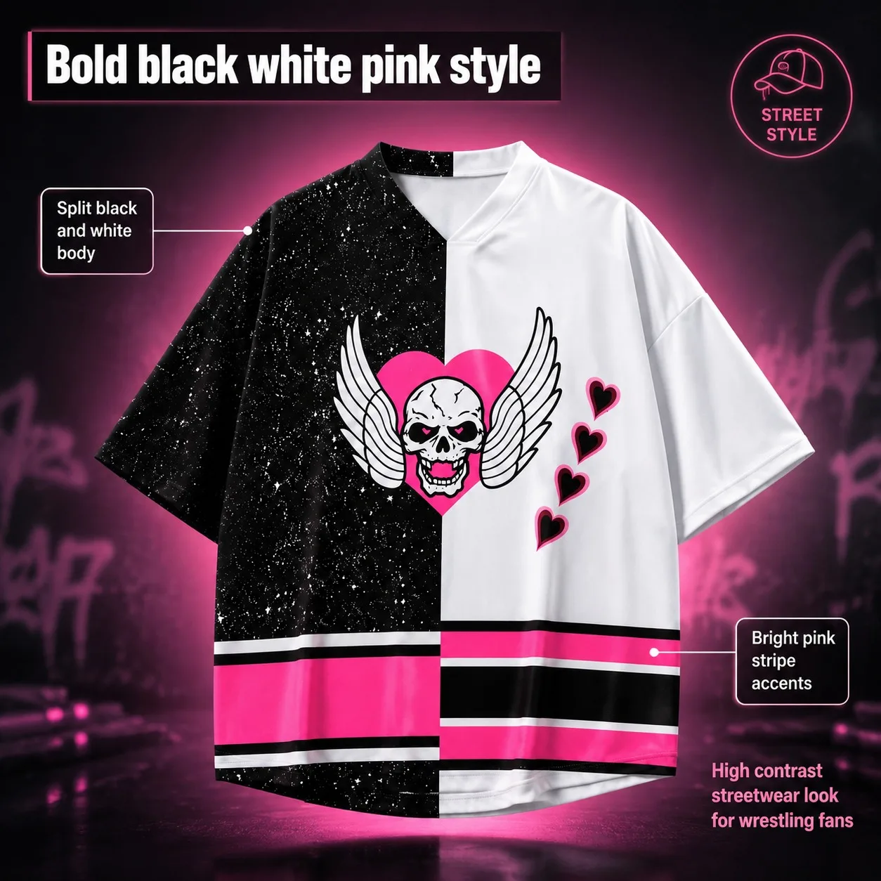 Schwarz-weißes Split Hitman 84 Wrestling-Trikot mit V-Ausschnitt, rosa Totenkopf-Herz-Flügel-Grafik-T-Shirt für Retro-Wrestling-Fans, Match-Day-T-Shirt – Detail 4