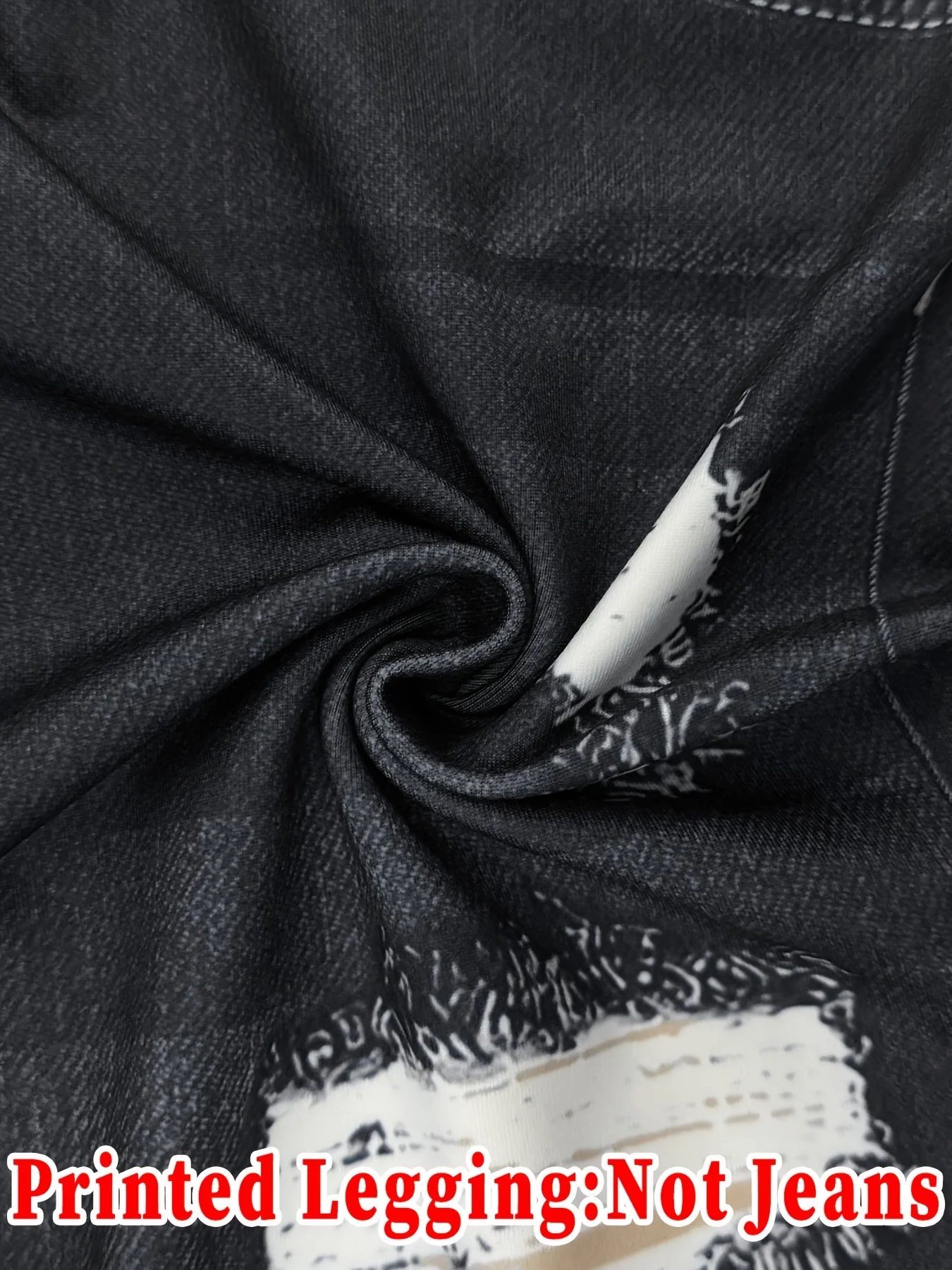 Damen Schwarze Gewaschene Kunstjeanshose mit Rissen und Aufdruck, Enge Lange Hose, Sportlich-Lässig, Hohe Taille, Dehnbar, Nicht-Jeans, Slim Fit Leggings – Detail 7