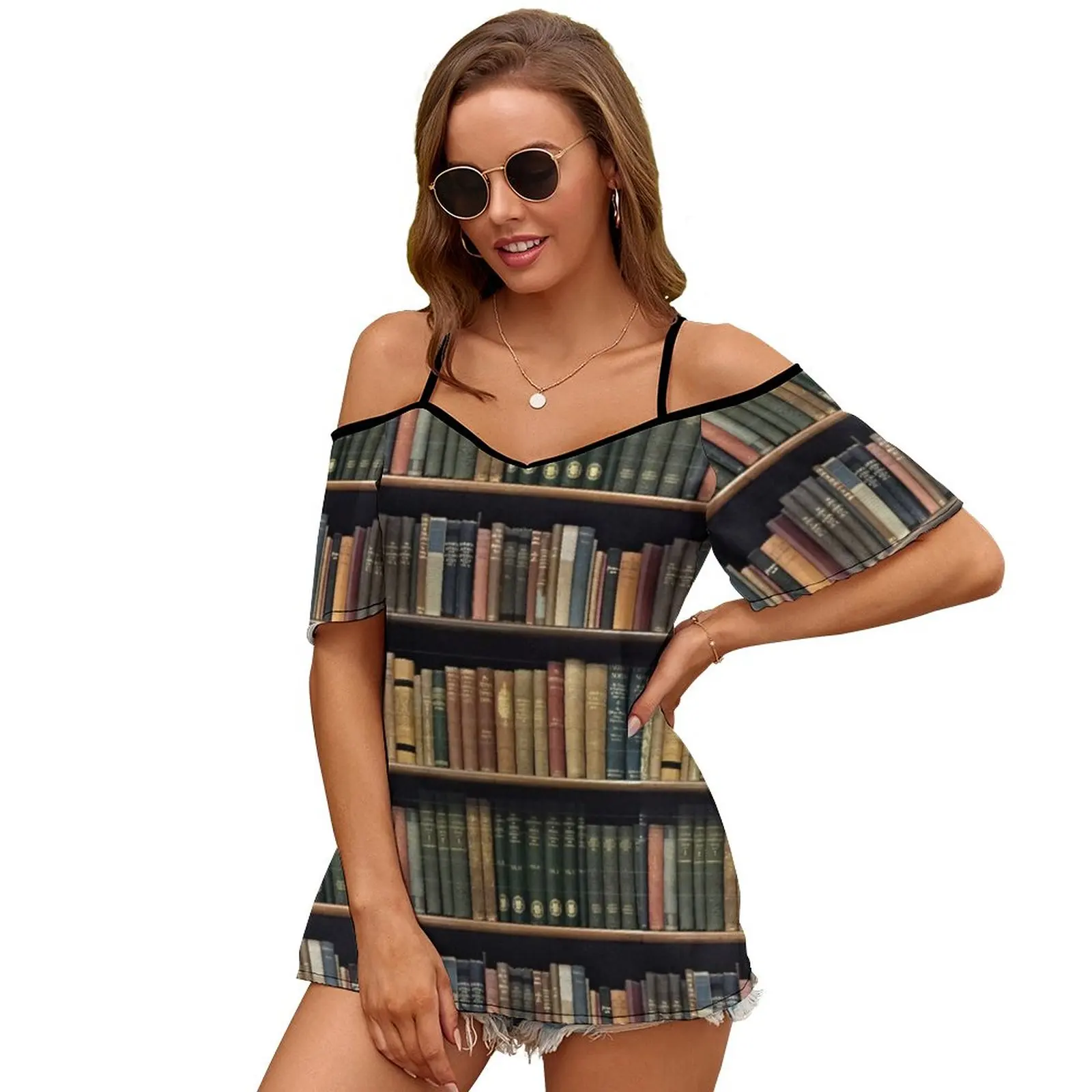 Endlosen Bibliothek (Muster) Woman'S T-Shirt Frühling Und Sommer Gedruckt T Shirts Crew Neck Pullover Top Buch Bücher Bibliothek